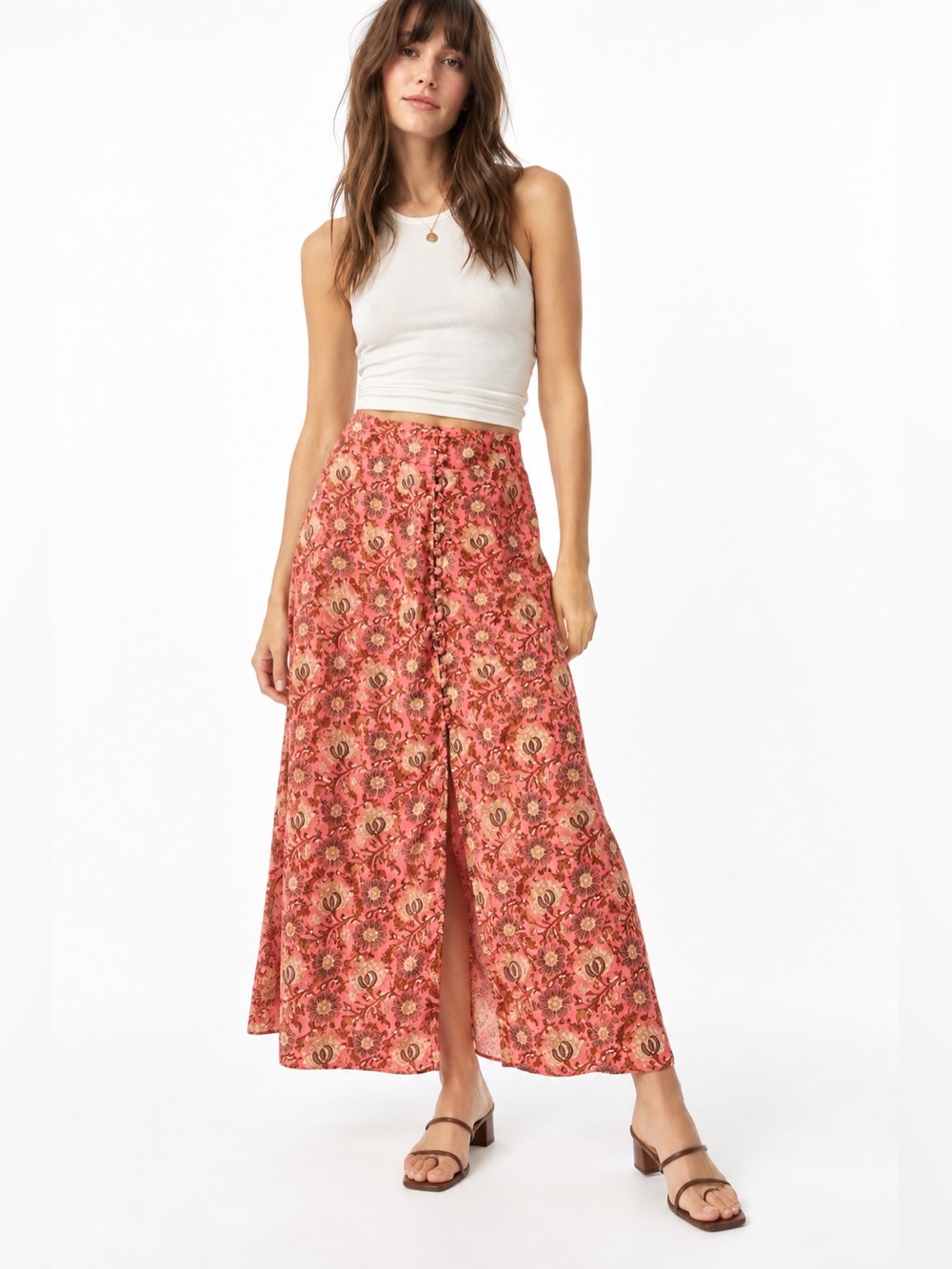 Free People Coral Floral Button-Down Maxi Skirt - size 10